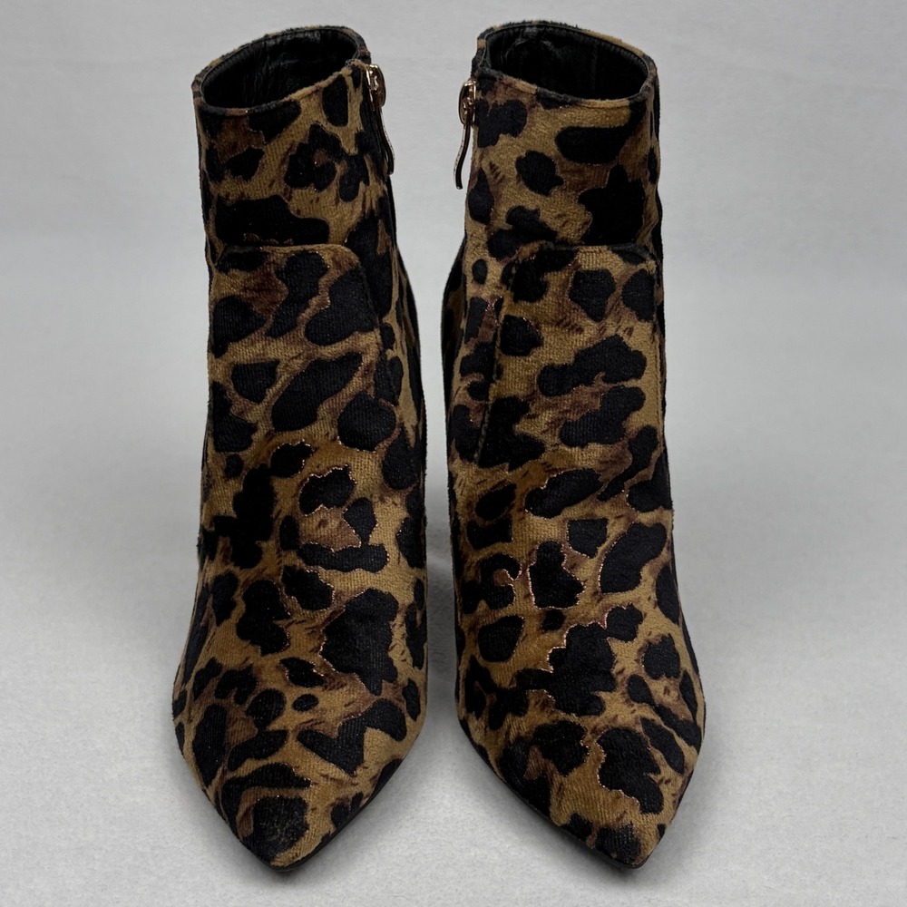 IDIFU Women Leopard Print Velvet Pointed Toe Block Heel Ankle Boots Size 7